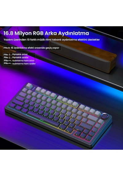 Aula F75 Mekanik Rgb Tkl Reaper Switch Kablosuz Makrolu Hot Swap Klavye Gradyan Gri