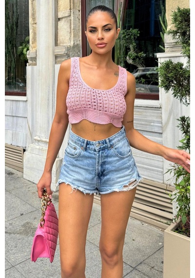 WeShaya Pembe Ajurlu Kalın Askılı Triko Bluz Pembe