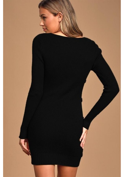 Aqe Fashion Kadın Geniş Yaka Uzun Kol Yandan Düğme Detaylı Siyah Triko Elbise Siyah
