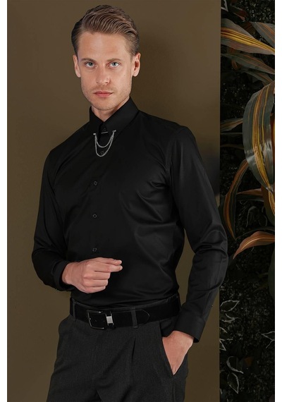 Efor Gk 704 Slim Fit Siyah Klasik Gömlek Siyah
