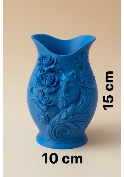 Kurt Desenli Gül Kabartmalı Dekoratif Vazo Mat Dokulu Ev Ofis Salon Masa Raf Süsü Çiçeklik 15x10 Cm Mavi