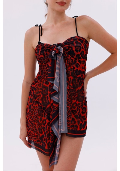 Tarzını Seç İç Gösterir Transparan Pareo - Kırmızı Leopar Model 150x95 Cm Çok Renkli