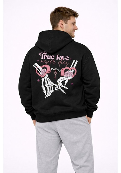 Nevermind Sevgili Kombini True Love Baskılı Oversize Siyah Hoodie Seti Unis