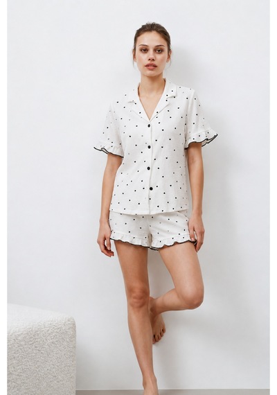 Kadın Premium Fırfırlı Beyaz Pijama Takımı