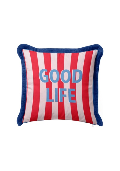 Pop Art Good Vibes Saçaklı Yastık Kılıfı - Lacivert Retro Kırmızı Mavi Püsküllü Kırlent Kılıfı Sakin Vadi Mira