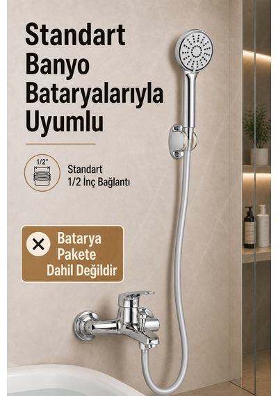 3 Fonksiyonlu Krom Duş Başlığı 150 Cm Esnek Dayanıklı Pvc Hortumlu Mafsallı Duvar Askılı Duş Seti Gri