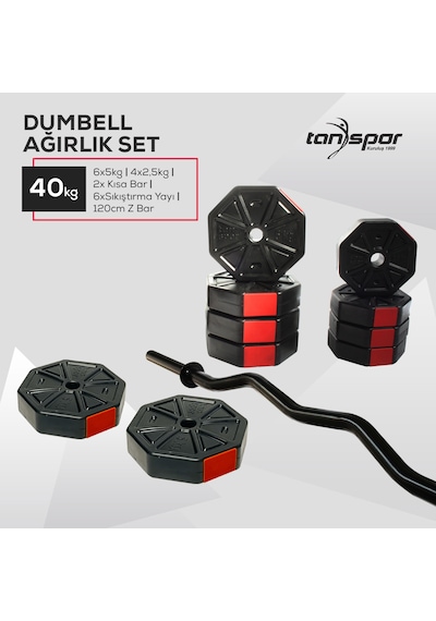 Tan Spor 40 KG Dambıl Ağırlık Halter  Kısa Bar ve Z Bar Seti