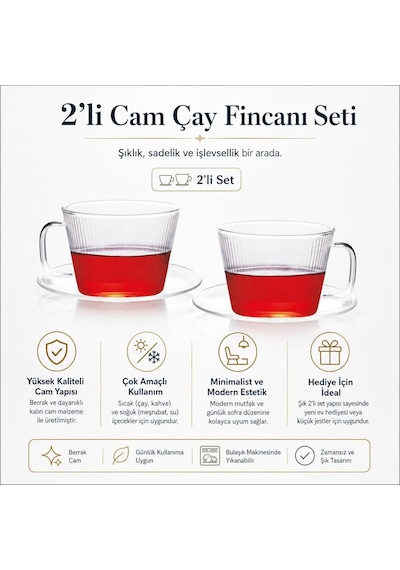 2'li Tabaklı Cam Çay Fincanı Seti, Kulplu Çizgili Şeffaf Cam Bardak, Çay Kahve Ve Sıcak Soğuk İçecekler İçin Modern Sunum Seti Çok Renkli