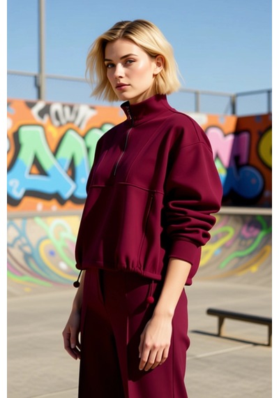 Benerly Kadın Yüksek Yaka Standart Kol Fırçalı Scuba Sweatshirt Fonksiyon Bordo