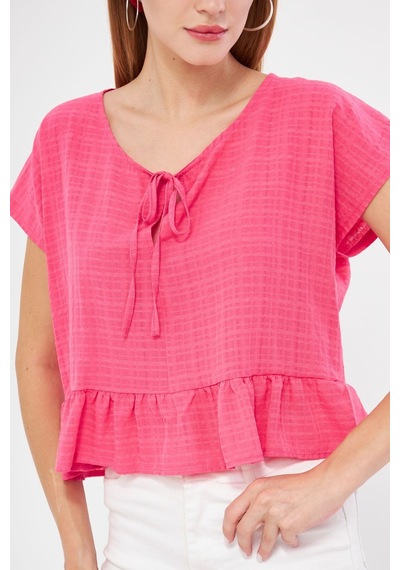Armonika Kadın Fuşya Yarasa Kol Yakası Bağlamalı Eteği Fırfırlı Oversize Crop Bluz Arm-24y001088