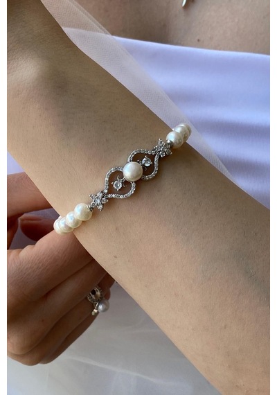 7,5 Mm Kadın Çiçek Modelli Zirkon Taşlı Doğal İncili Küpe Kolye Bileklik Yüzük Dörtlü Set 9 Gümüş