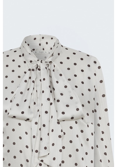 Sateen Puantiye Desenli Fularlı Gömlek - Ekru-kahve-138030