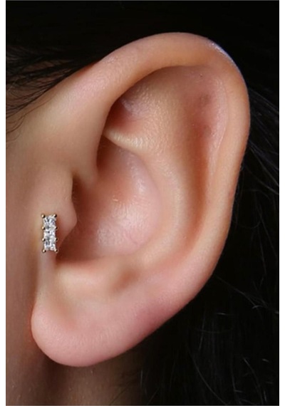 Tragus Piercing Çelik Renk Atmaz Baget Üçlü Taş Model Gold - 647619934 Gold