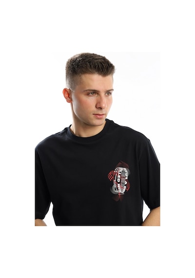 Erkek Oversize Fit Ön Arka Baskılı Basic Tişört Siyah