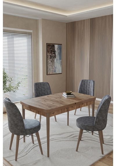 Toce Home Marlen Serisi 80x130 Açılır Masa Yemek Odası Takımı, Mutfak Takımı 4 Adet Sandalye Gri