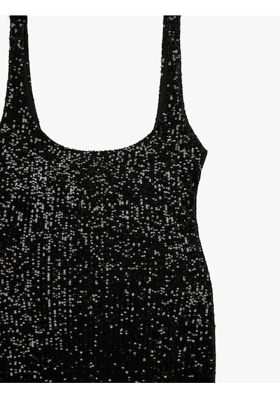 Koton Pullu Payetli Kolsuz U Yaka Midi Slim Fit Abiye Elbise Siyah 6sak80010fk