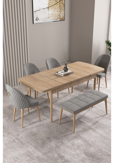 Milas Meşe Desen 80x132 Mdf Açılabilir Mutfak Masası Takımı 4 Sandalye, 1 Bench Gri