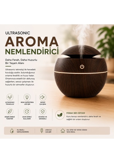 Küre Model Akasya Renk Hava Nemlendirici Ultrasonik Soğuk Buhar Makinesi, Led Işıklı