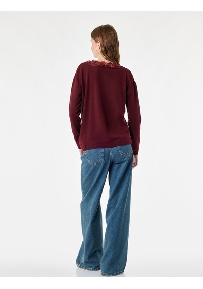 Koton Dantel Detaylı Regular Fit V Yaka Uzun Kollu Triko Kazak Bordo 7wal90144ıt