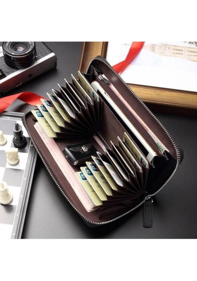 Bison Denim Erkek Fermuarlı Akordiyonlu Hakiki Deri Lüks Kartlık Siyah