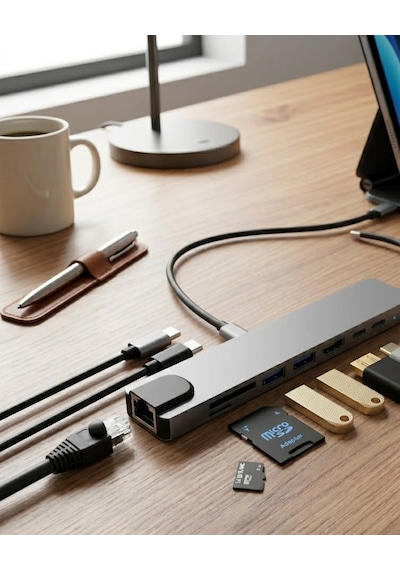 Type C Çoklu Port Hub 8 Port Usb Hdmı Sd Kart Ethernet Adaptör Akıllı Saat