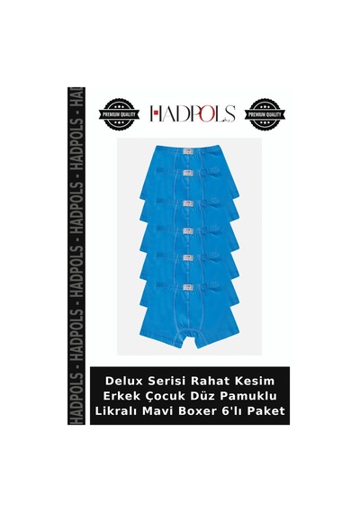 Hadpols Delux Serisi Rahat Kesim Erkek Çocuk Düz Pamuklu Likralı Mavi Boxer 6'lı Paket