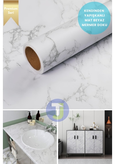Technojet Kendinden Yapışkanlı Mat Mermer Desen Folyo Mutfak Banyo Tezgah Duvar Kaplama 60cmx100cm Beyaz