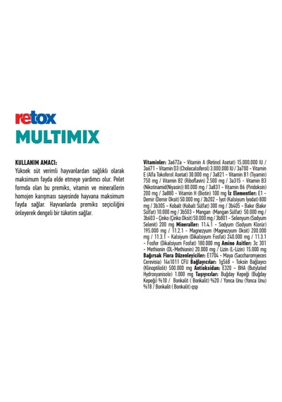Retox Multi-mix Pelet 20 Kg Yüksek Süt Verimli Hayvanlar Için Yem Katkısı