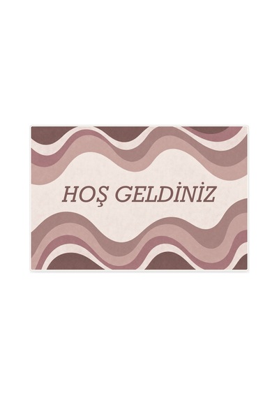 Kartela Halı Hoş Geldiniz Yazılı Retro Dalga Kapı Paspası Gül Kurusu Kaymaz Kauçuk Taban 50x75 Cm