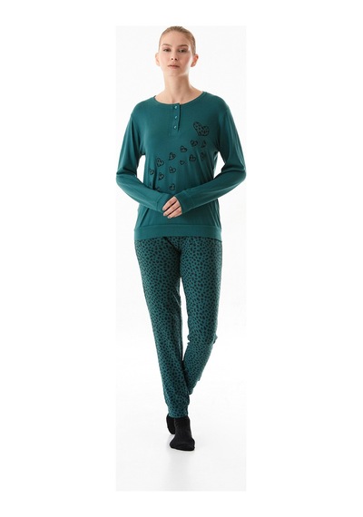 Fullamoda Kalp Nakışlı Bisiklet Yaka 2 Li Pijama Takımı 24mıcg631125720-yeşil Yeşil