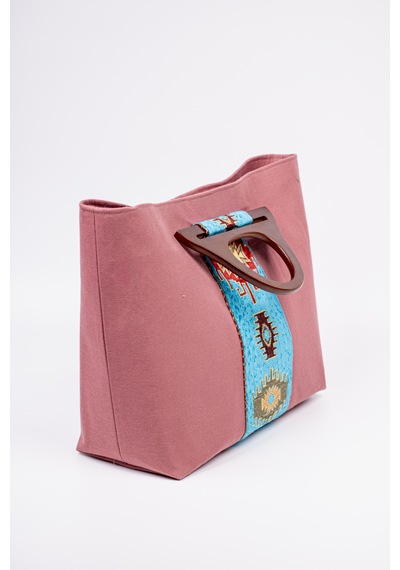 Fabric Craft Bag El Çantası Pembe Duck Kumaş Ahşap Saplı Lila - Pembe