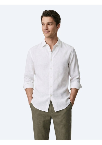 Kip Beyaz Düz Regular Fit Uzun Dokuma Casual %100 Pamuk Gömlek