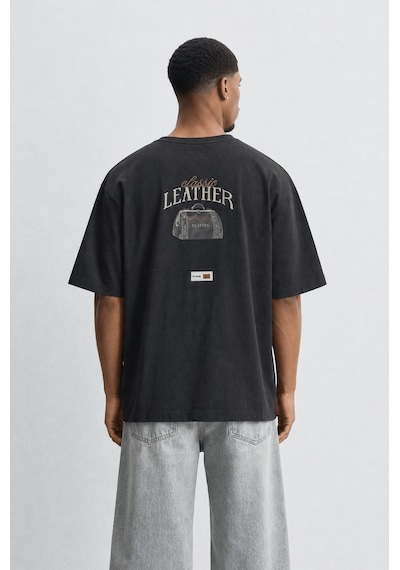 Respire Erkek Leather Baskılı Oversize T-shirt Siyah
