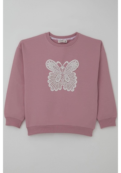 Breeze Kız Çocuk Sweatshirt Kelebek Aplike Nakışlı 8-12 Yaş, Gülkurusu Gül Kurusu