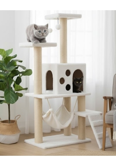 Reyo Pet B-10 Hamaklı Yuvalı Lüx Kedi Tırmalama Oyun Evi Beyaz