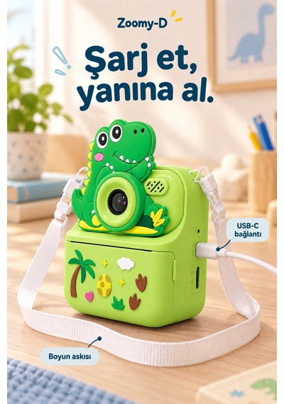 Kj/zm-002 Zoomy-d Dinozor Figürlü Anında Baskılı Çocuk Fotoğraf Makinesi, Çift Kamera, 2,4 İnç Ekran, 1080p Video, 3+ Yaş Yeşil