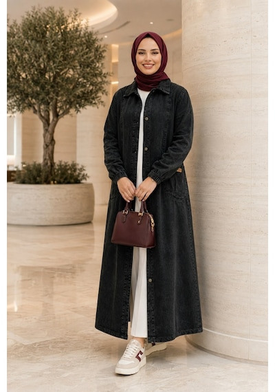 Hb Harma Time Butik Kadın Düğmeli Cepli Denim Siyah Kot Kap