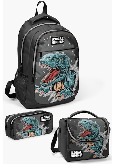 Coral High Kids Koyu Gri Siyah Dinazor Desenli 3 Lü Okul Çanta Seti Set0114386