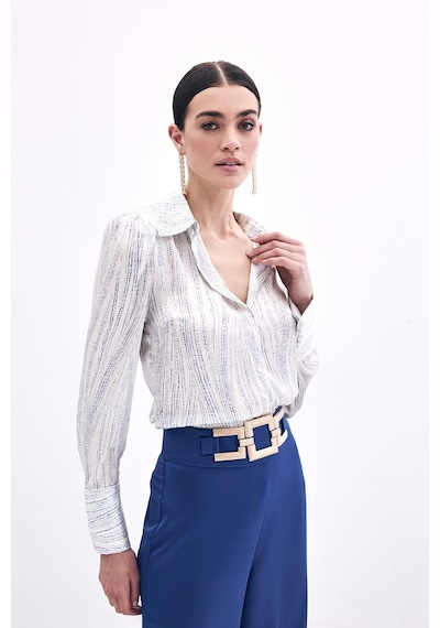 Sateen Geniş Manşetli Gömlek - Ekru-mavi-135964 Ekru-mavi Ekru - Mavi