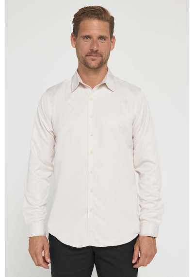 Tudors Slim Fit Uzun Kollu Kolay Ütü Teri Emen Nefes Alan Doku Kravatlık Dört Mevsim Taş Renk Erkek Gömlek-31633-taş Taş