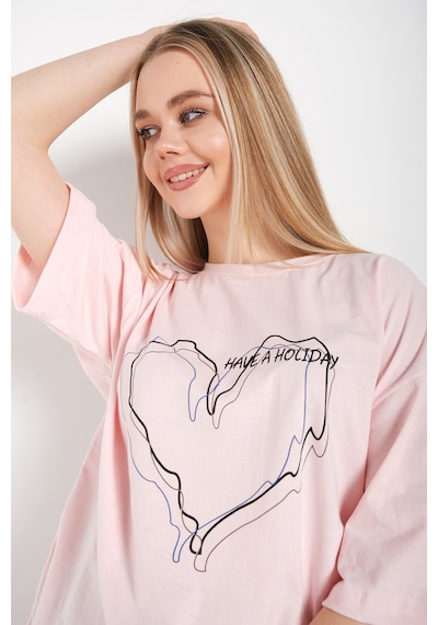 Flood Of Style Kadın Çizgili Figür Kalp Pudra Pembe T-shirt Have A Holiday Baskılı