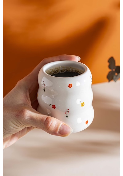 Rivaistanbul Minimal Çiçekler Amore El Yapımı Seramik Double Kahve Bardağı Mug Kupa Krem