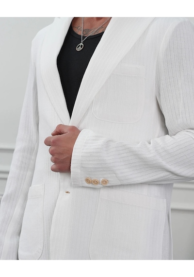 Modefendi %100 Pamuk Keten Modern Fit Keten Ceket Beyaz