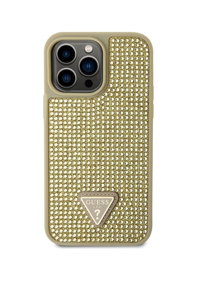Apple iPhone 13 Pro Max Uyumlu Kılıf Guess  Lisanslı Taşlı Arka Yüzey Üçgen Logolu Kapak Gold