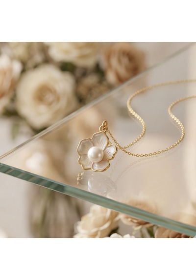 925 Ayar Gümüş Üzeri Altın Kaplama Beyaz Mineli İnci Çiçeği Kolye Gold