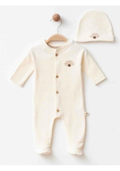 Zekids Kız Bebek Organik Pamuklu Çiçek Nakışlı Tulum Şapka Takım-16178 Krem