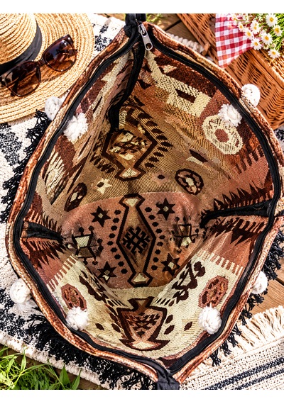 Etnik Desenli Kilim Omuz Ve Plaj Çantası 50x30 Cm Açık Kahverengi