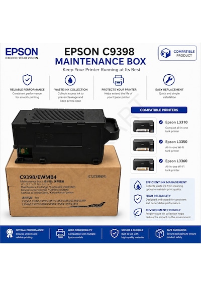 Epson L3350/l3360/l5390/l1350 Yazıcı Uyumlu C9398 Atık Kutusu Çipli %100 Uyumluluk