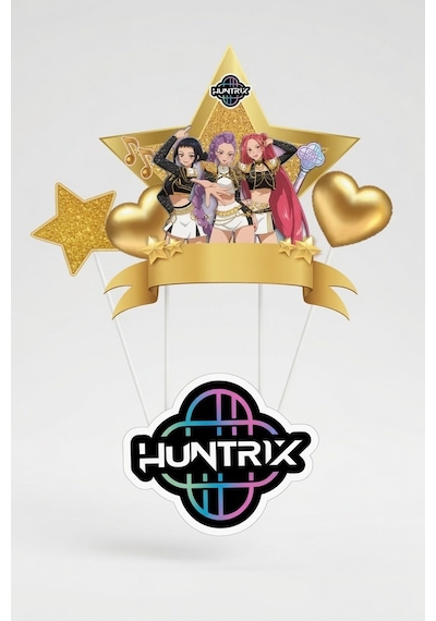 K Pop Huntrix Demon Hunters Gold Pasta Süsü 4'lü Çubuklu Doğum Günü Pasta Dekoru +3