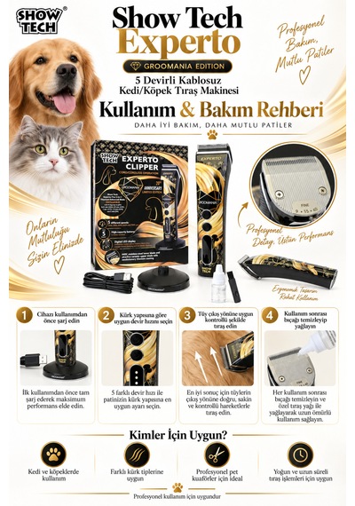 Showtech Experto 5 Devirli Şarjlı Kedi Köpek Tıraş Makinesi - Sessiz Ve Güçlü